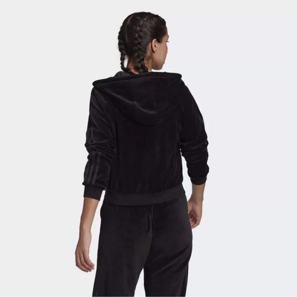 Adidas Womens size L Black 3-Stripes Velour Loungewear Cropped Full Zip Hoodie - Picture 3 of 7